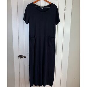 J Jill Black Linen Cotton Short Sleeve Knit Maxi Long Dress Pockets Large Modest